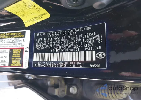 2012 Toyota Camry Se V6 из США, поврежденный, VIN 4T1BK1FK5CU500309